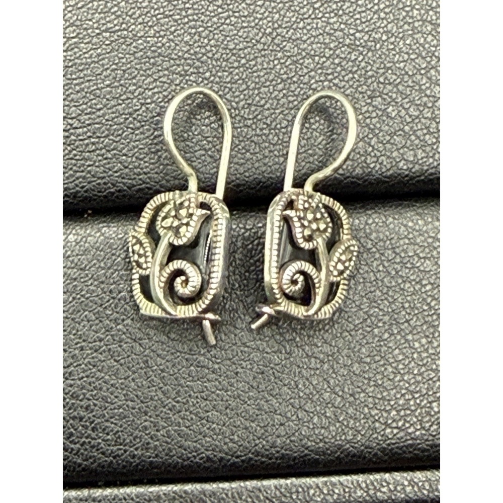 Vintage Sterling Silver Onyx Marcasite Flower Dangle Earrings J16